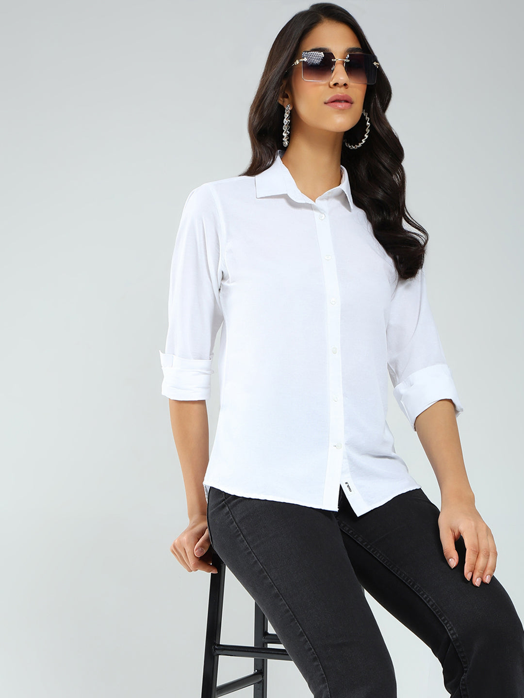 Rock.it Women White Solid Collar Full Sleeve Shirt