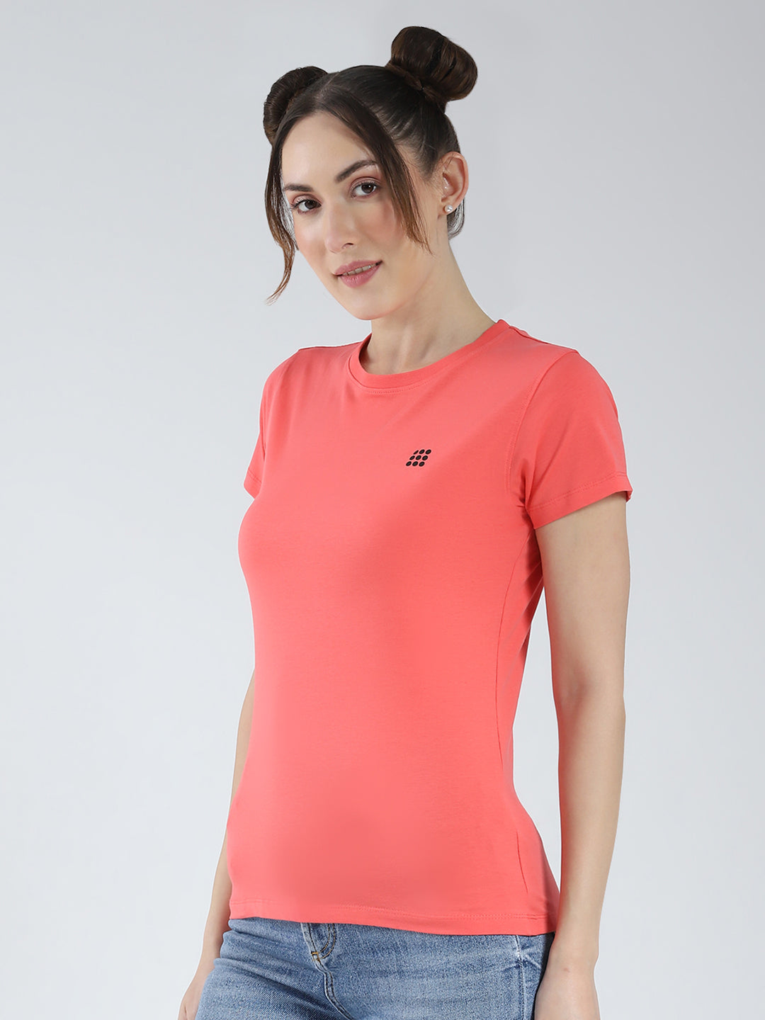 Rock.it Women Coral Solid Round Neck Half Sleeve Top