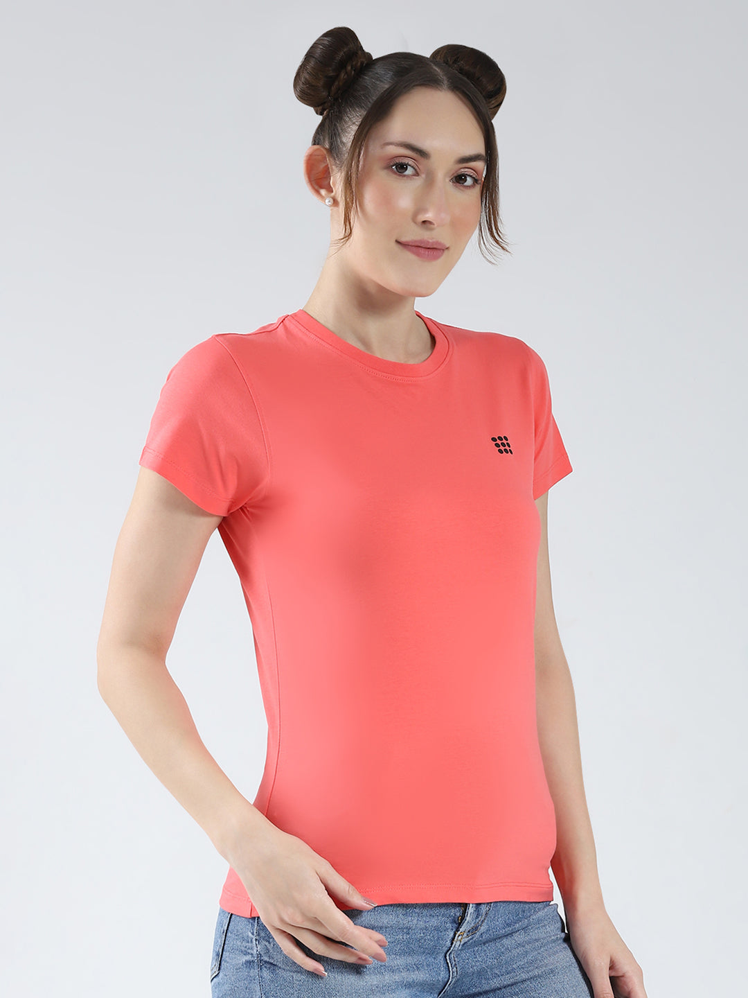 Rock.it Women Coral Solid Round Neck Half Sleeve Top