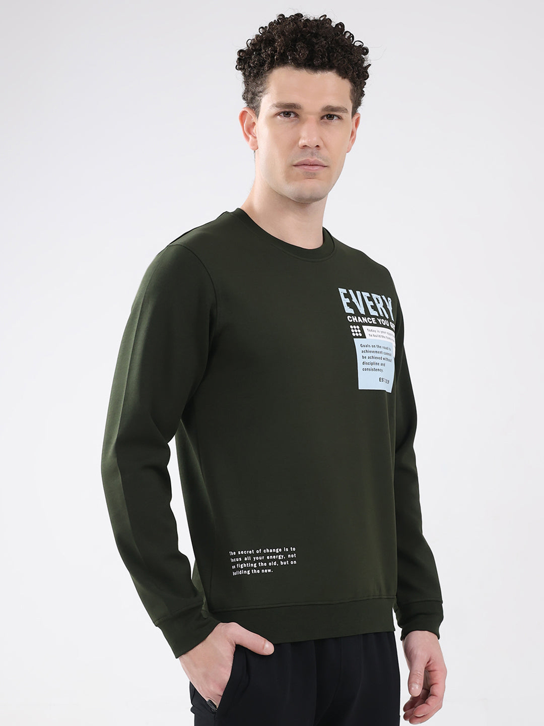 Rock.it Men Olive Printed Round Neck Full Sleeve Sweatshirt