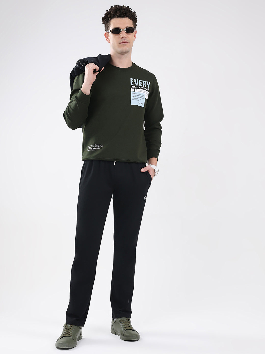 Rock.it Men Olive Printed Round Neck Full Sleeve Sweatshirt