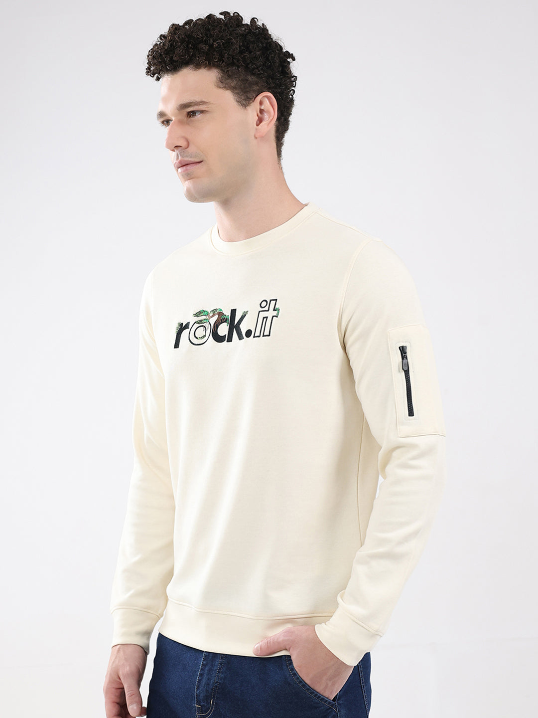 Rock.it Men Cream Embroidered Round Neck Full Sleeve Sweatshirt