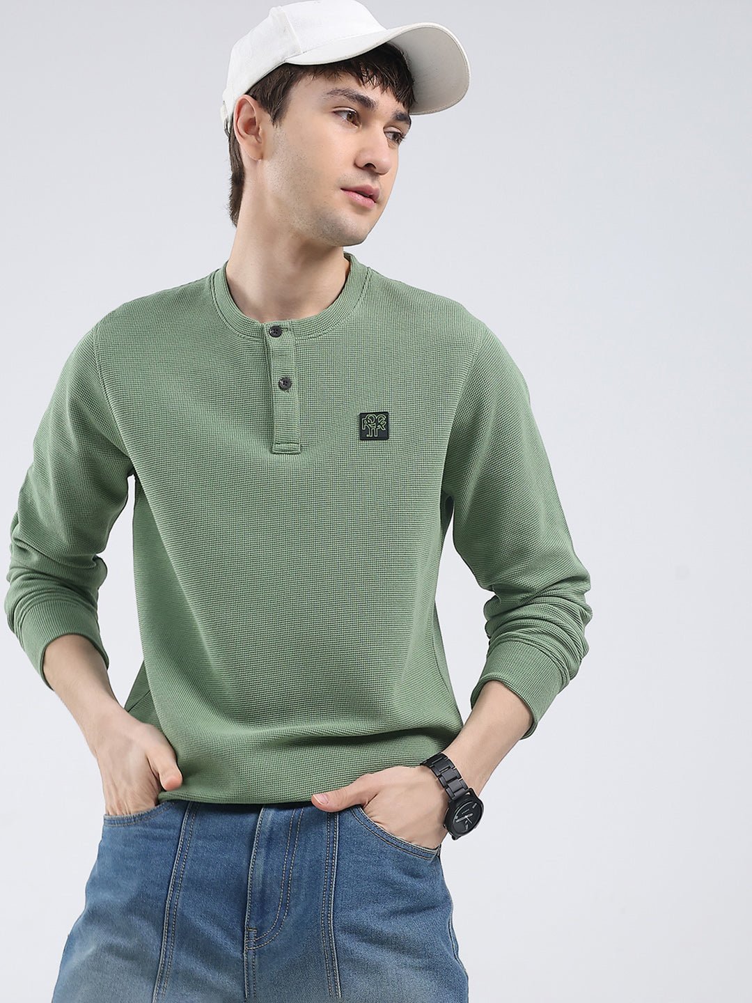 Rock.it Men Green Solid Round Neck Full Sleeve Winter T-Shirt