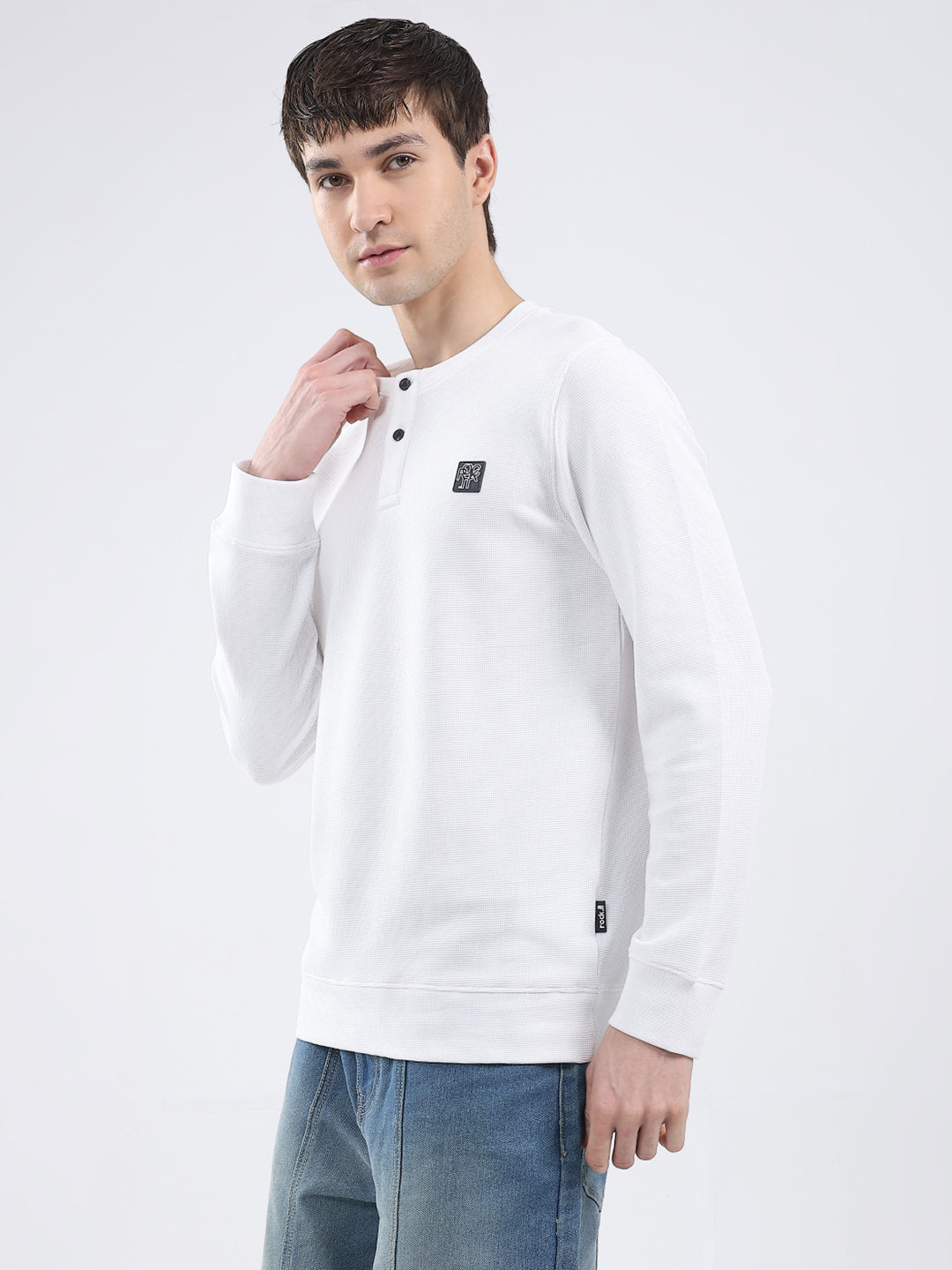 Rock.it Men White Solid Round Neck Full Sleeve Winter T-Shirt