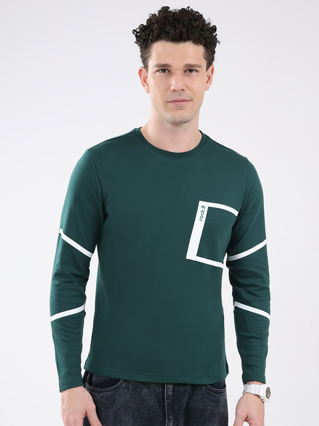 Rock.it Men Green Solid Round Neck Full Sleeve Winter T-Shirt