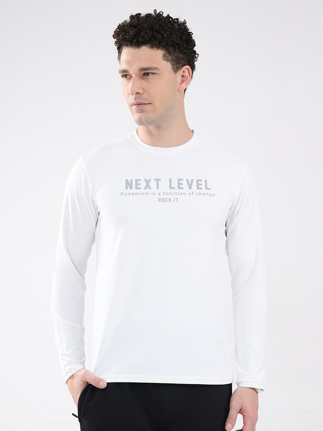 Rock.it Men White Printed Round Neck Full Sleeve Winter T-Shirt