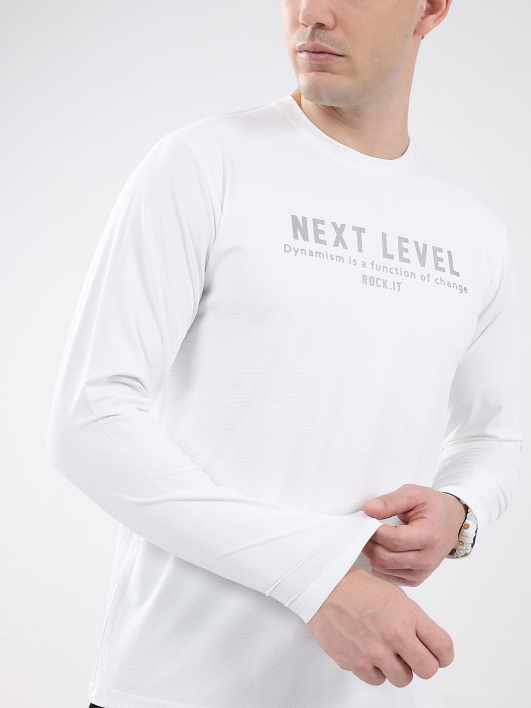 Rock.it Men White Printed Round Neck Full Sleeve Winter T-Shirt