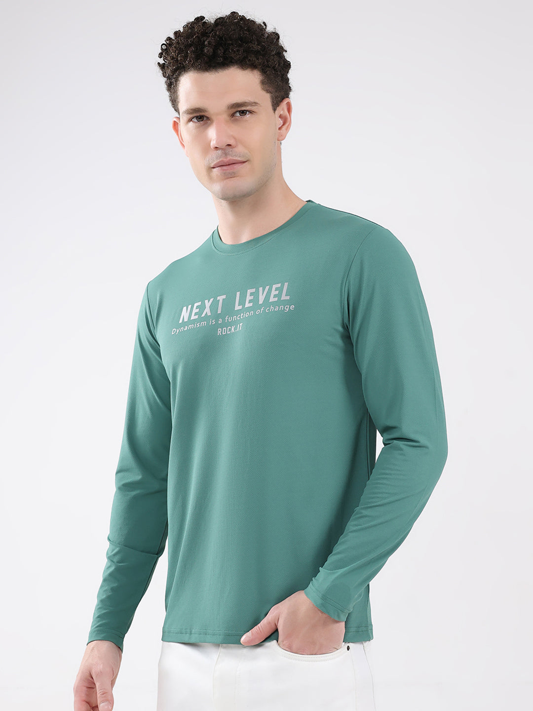 Rock.it Men Green Printed Round Neck Full Sleeve Winter T-Shirt