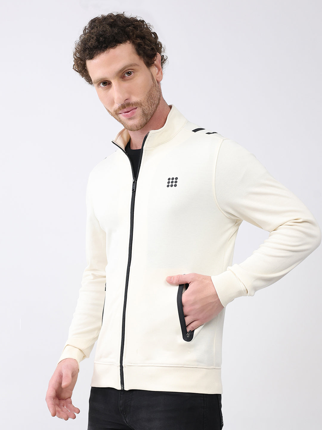 Rock.it Men White Printed Mock Neck Full Sleeve Sweatshirt