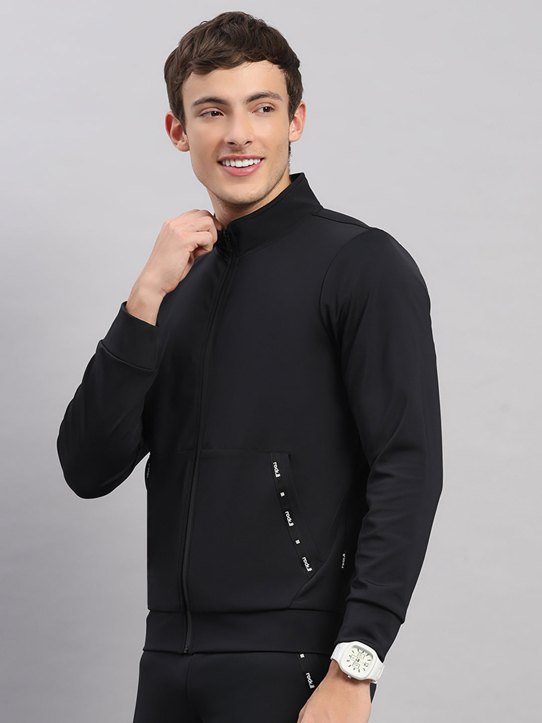 Rock.it Men Black Self Design Collar Full Sleeve Sweatshirt