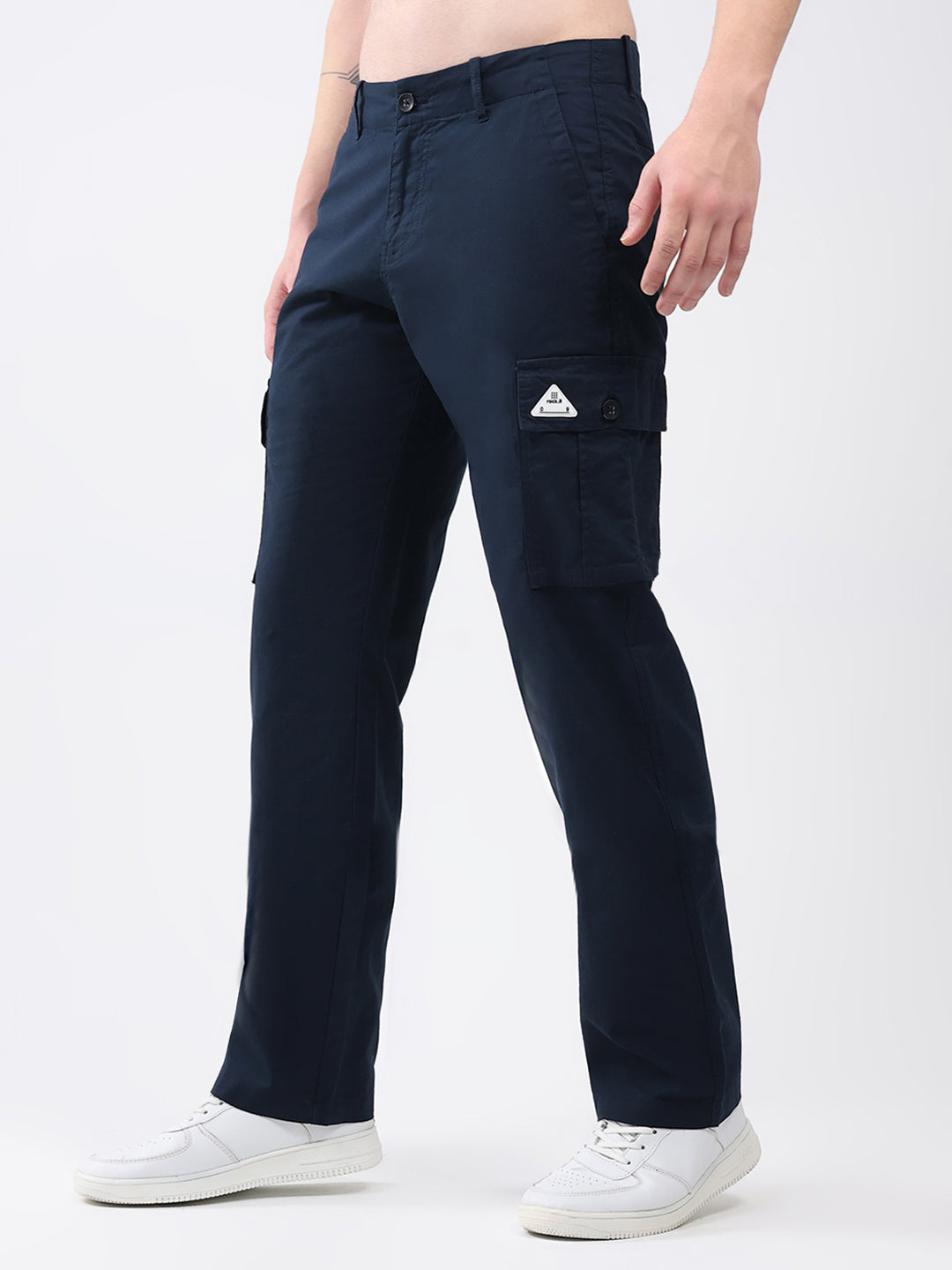 Rock.it Men Navy Blue Solid Straight Fit Cargo