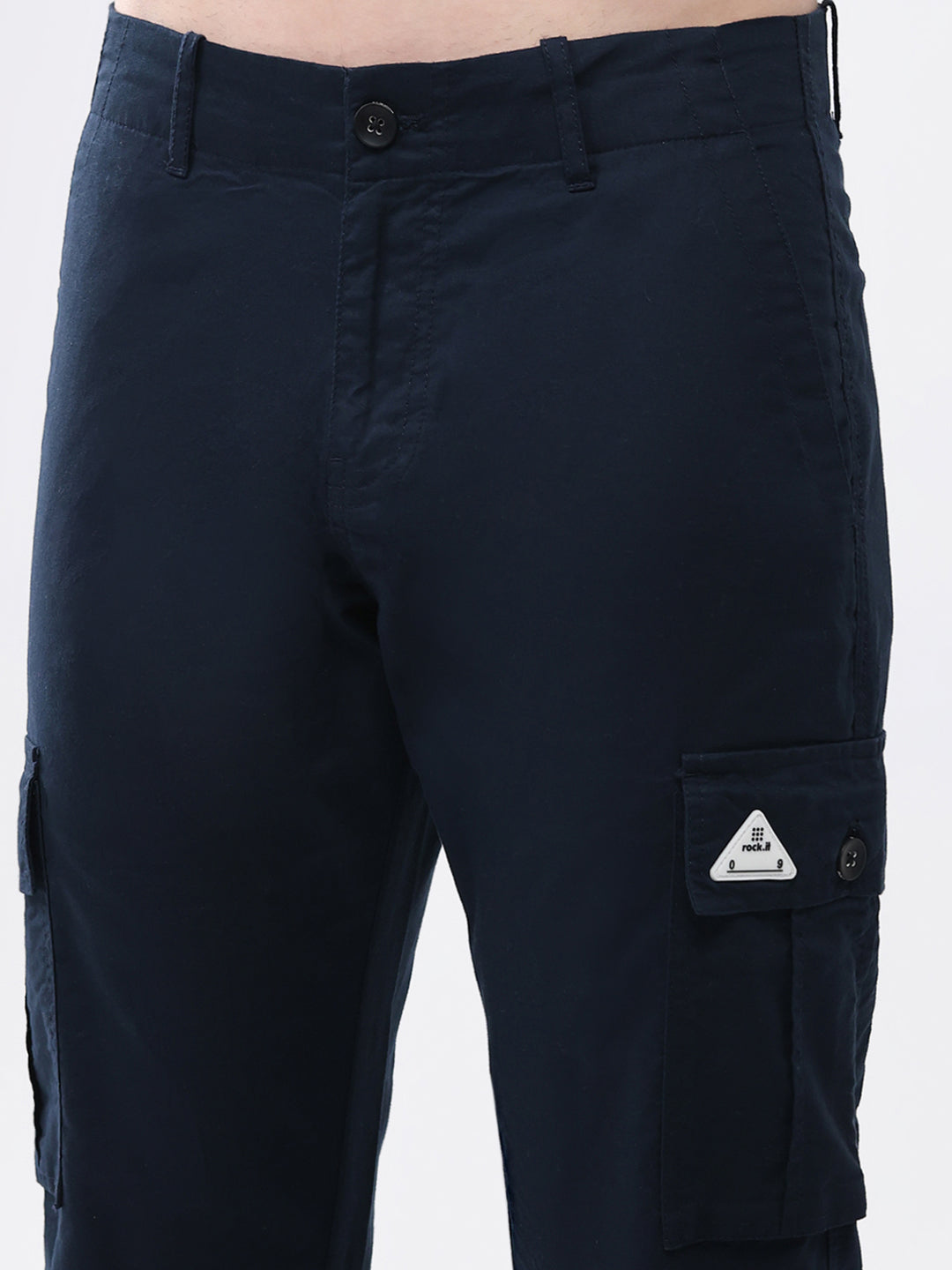 Rock.it Men Navy Blue Solid Straight Fit Cargo