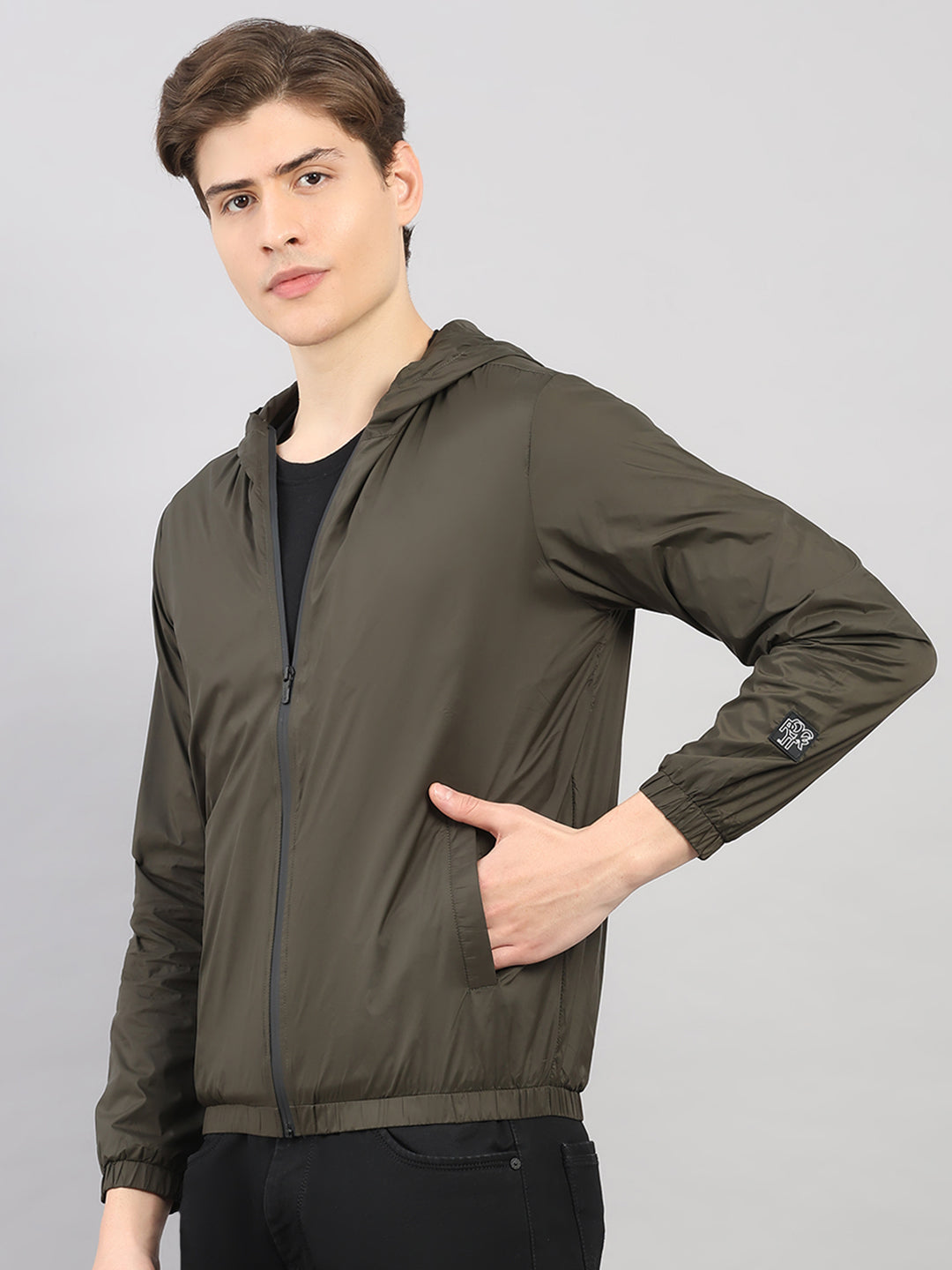 Rock.it Men Olive Solid Hooded Full Sleeve Jacket