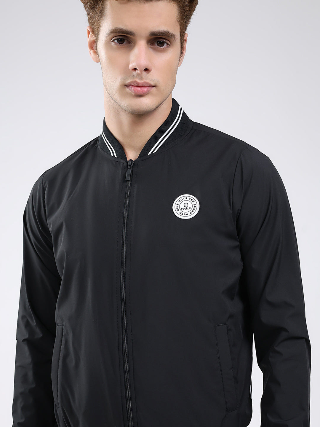 Rock.it Men Black Solid Band Neck Full Sleeve Jacket