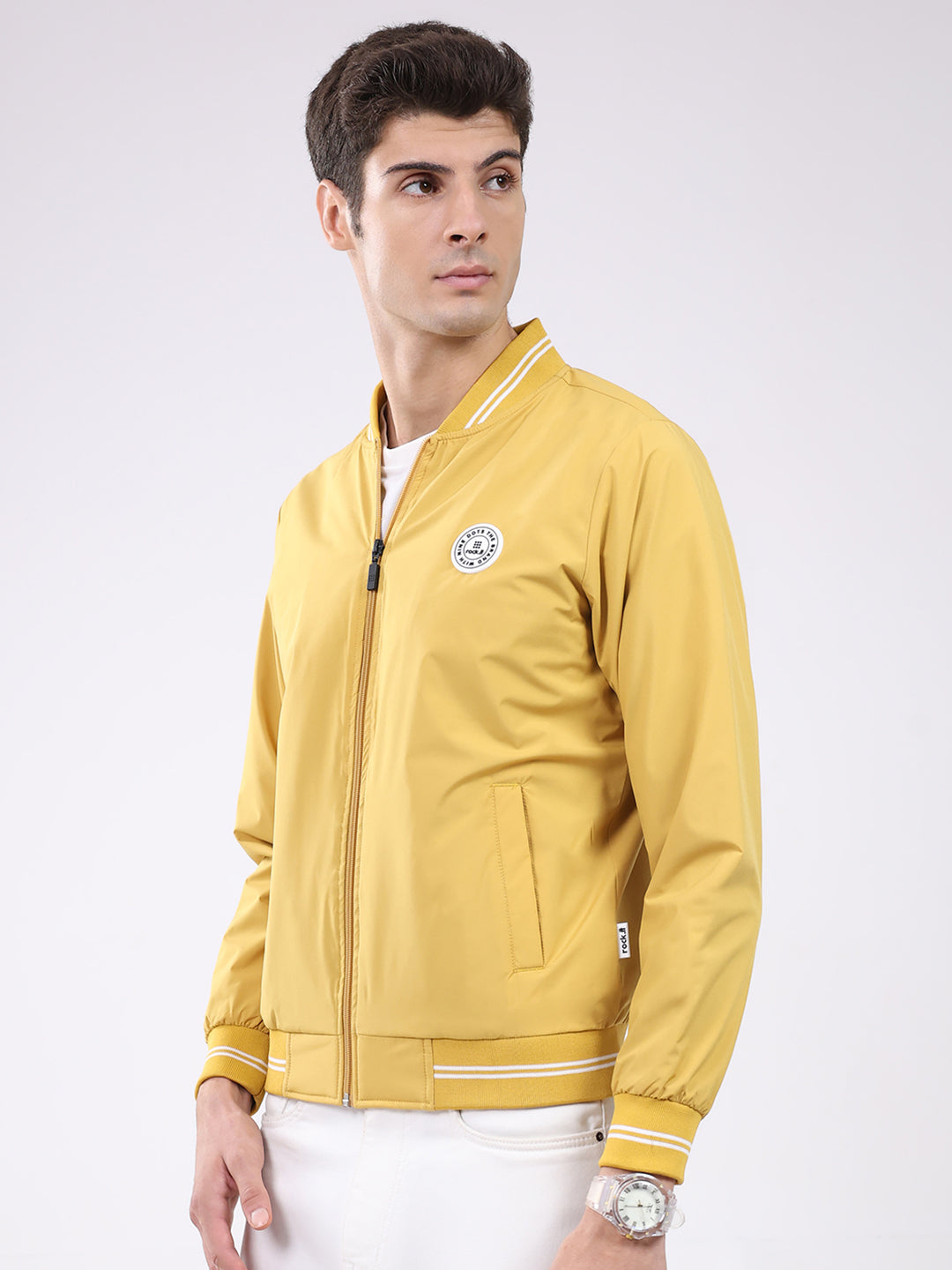 Rock.it Men Mustard Solid Band Neck Full Sleeve Jacket