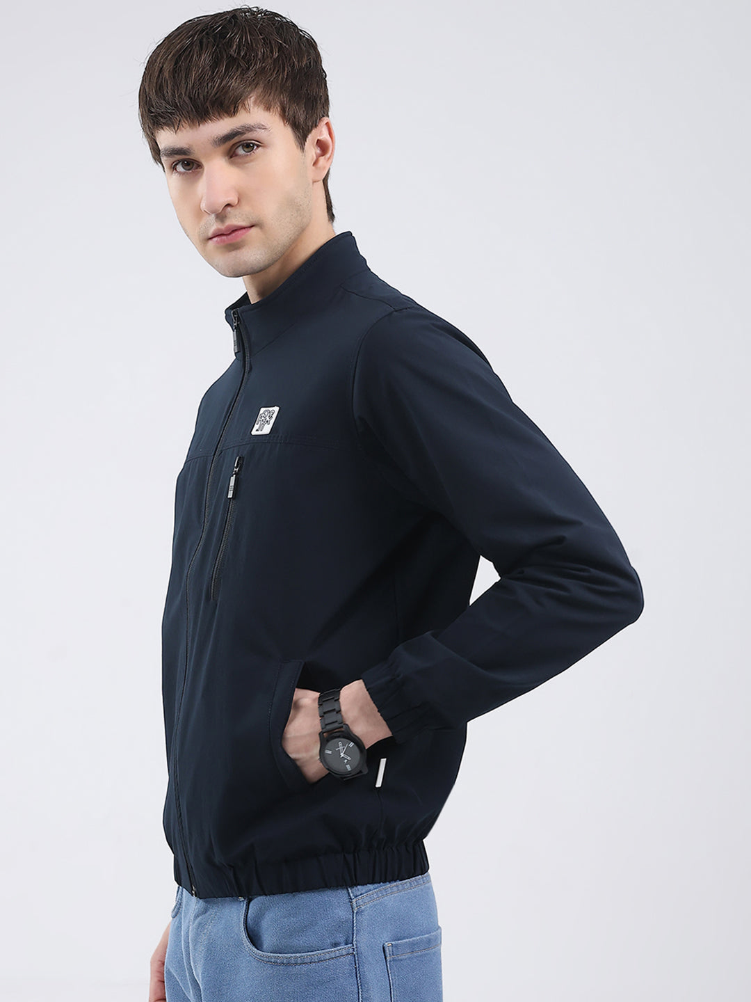 Rock.it Men Navy Blue Solid Mock Neck Full Sleeve Jacket