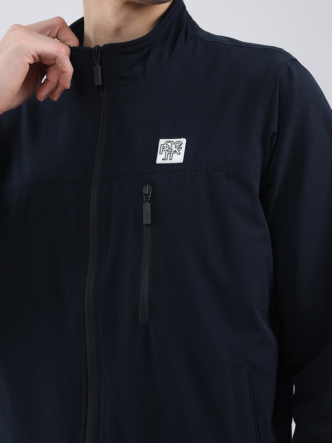 Rock.it Men Navy Blue Solid Mock Neck Full Sleeve Jacket