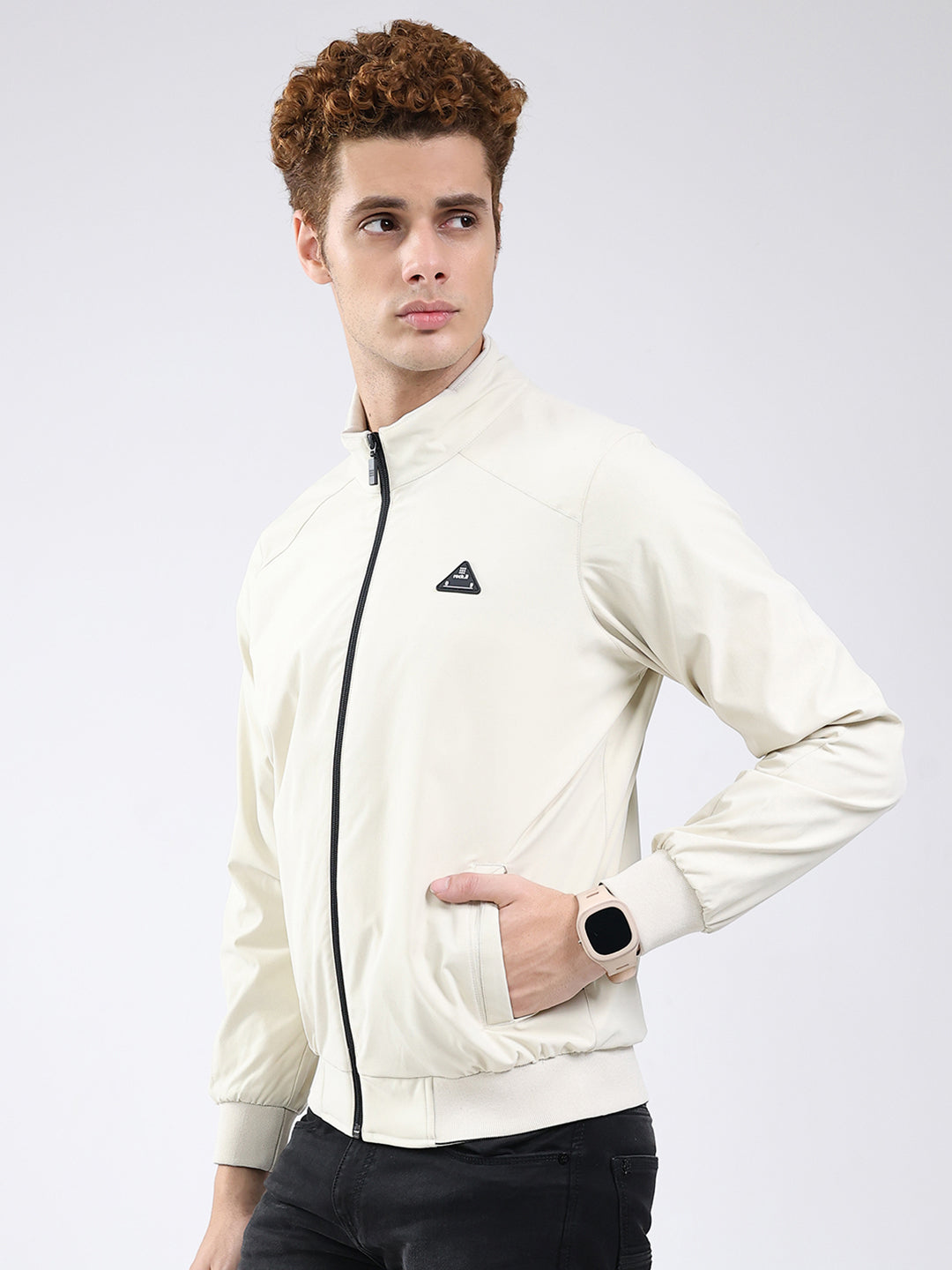 Rock.it Men Cream Solid Mock Neck Full Sleeve Jacket