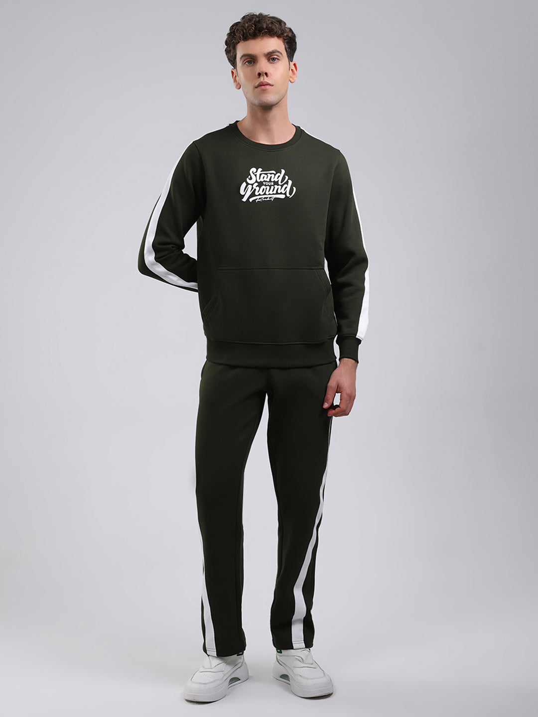 Rock.it Men Olive Printed Round Neck Full Sleeve Winter Tracksuit