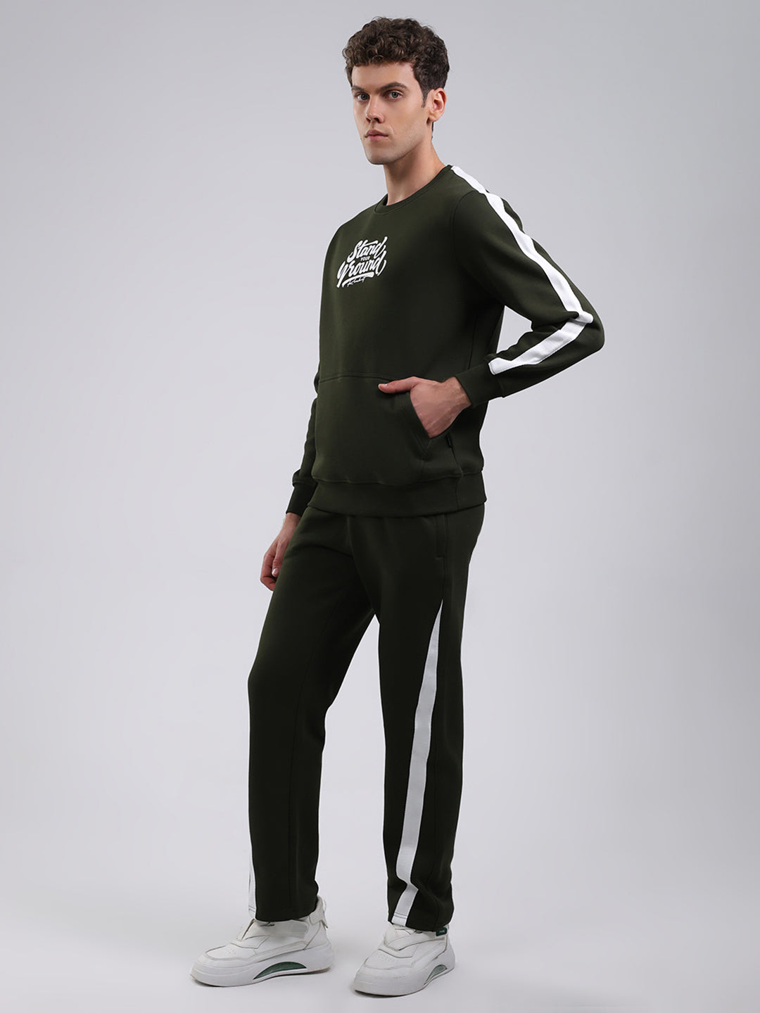 Rock.it Men Olive Printed Round Neck Full Sleeve Winter Tracksuit