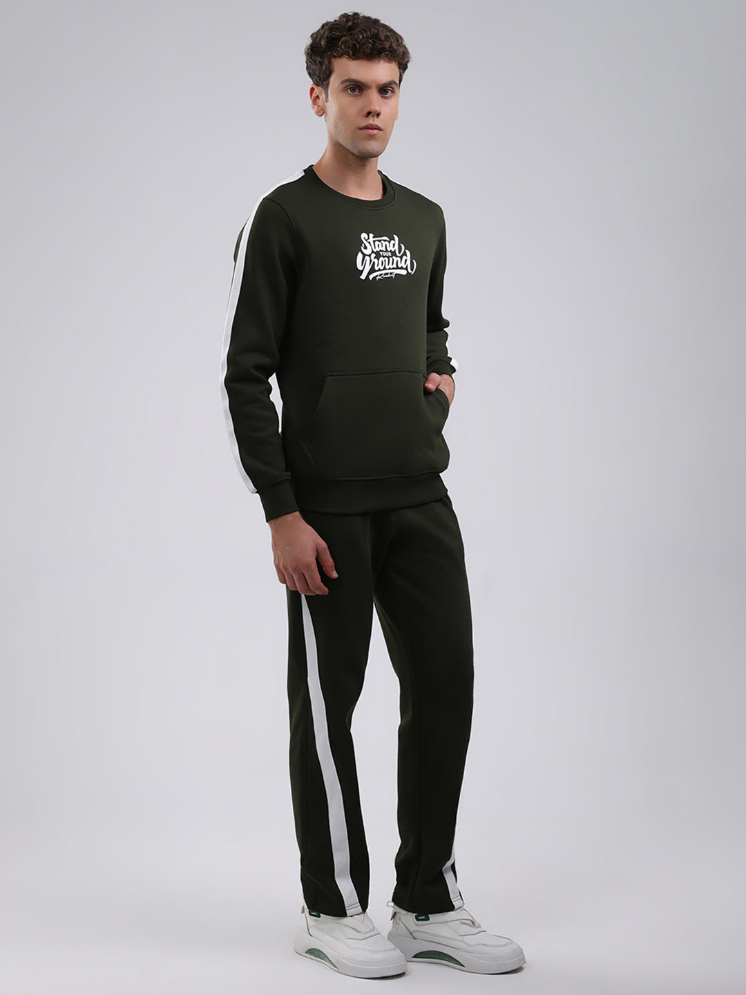 Rock.it Men Olive Printed Round Neck Full Sleeve Winter Tracksuit