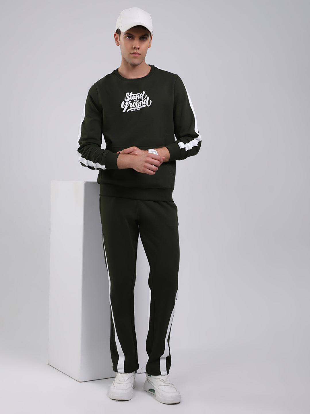 Rock.it Men Olive Printed Round Neck Full Sleeve Winter Tracksuit