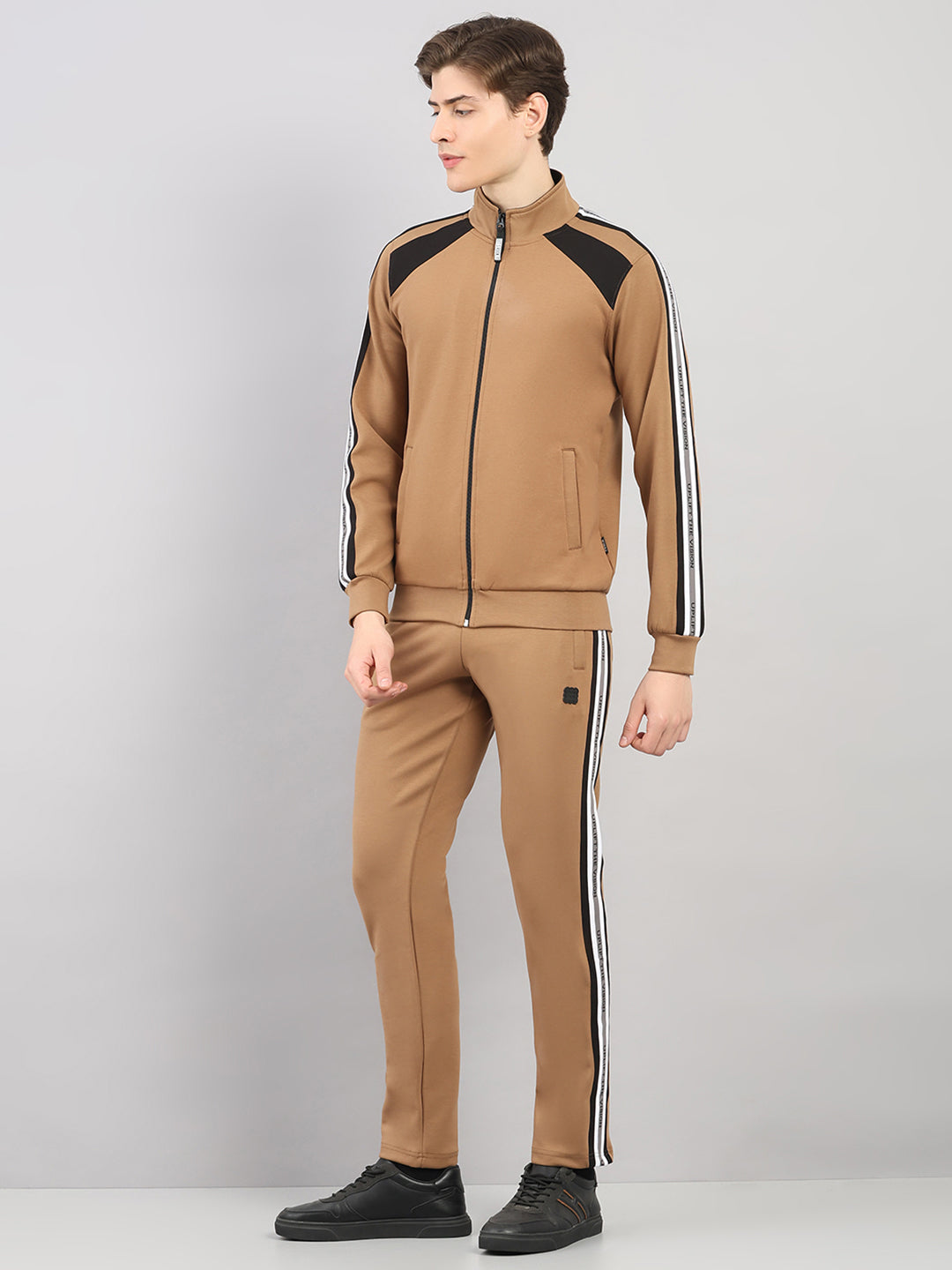 Rock.it Men Camel Brown Solid Round Neck Sleeveless Winter Tracksuit