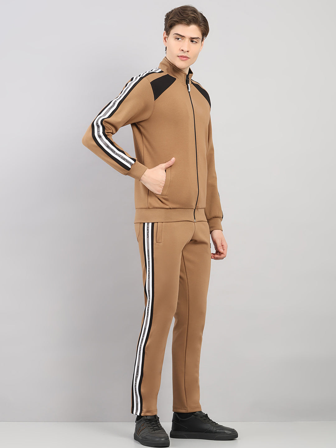 Rock.it Men Camel Brown Solid Round Neck Sleeveless Winter Tracksuit