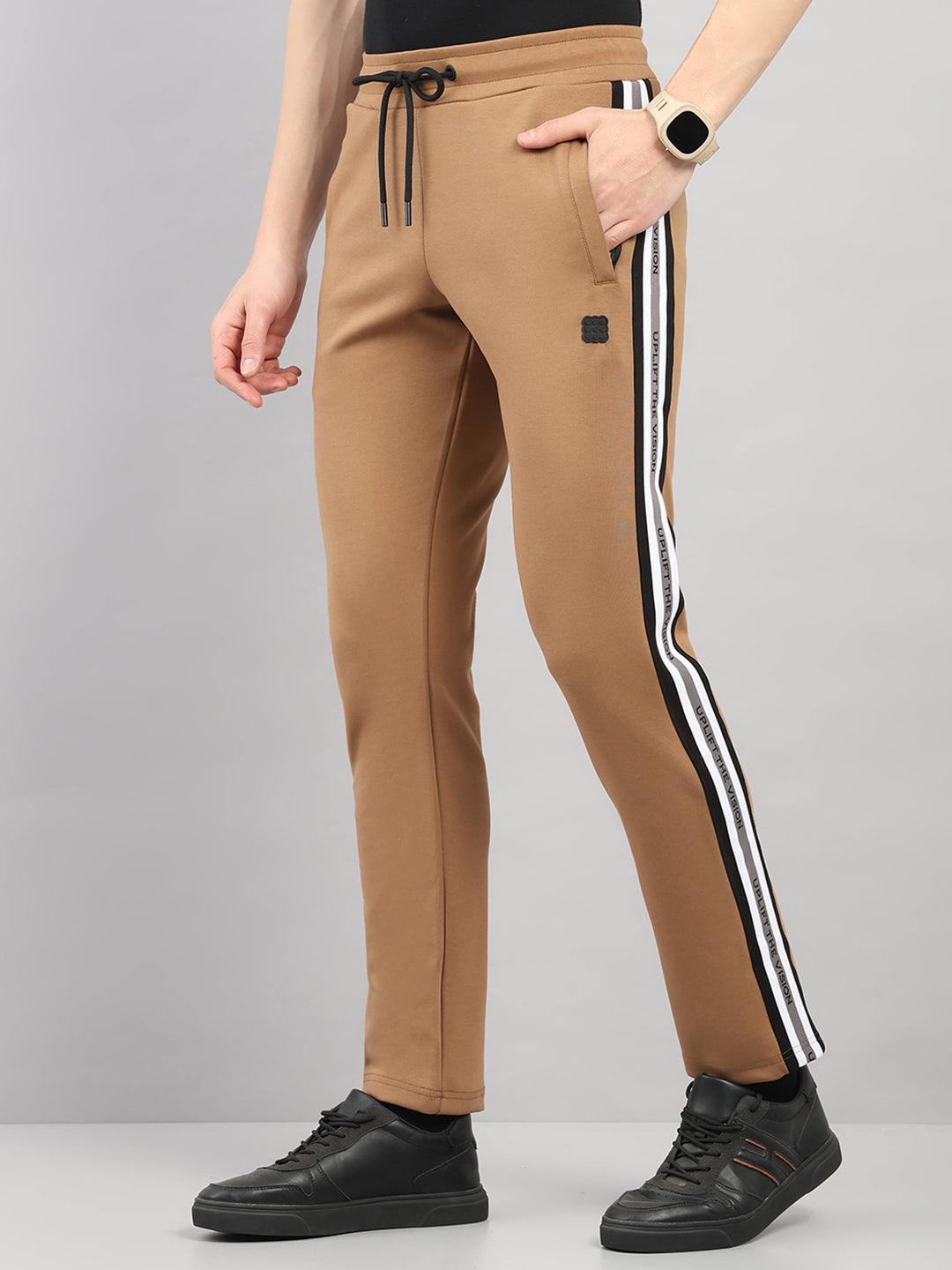 Rock.it Men Camel Brown Solid Round Neck Sleeveless Winter Tracksuit