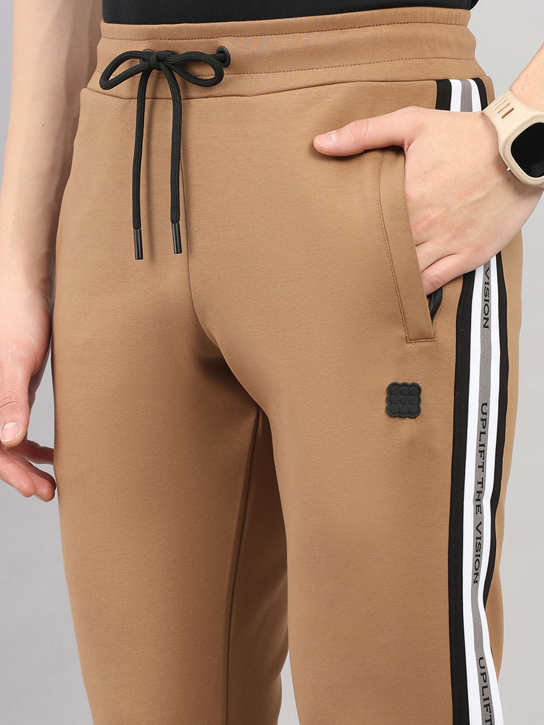 Rock.it Men Camel Brown Solid Round Neck Sleeveless Winter Tracksuit