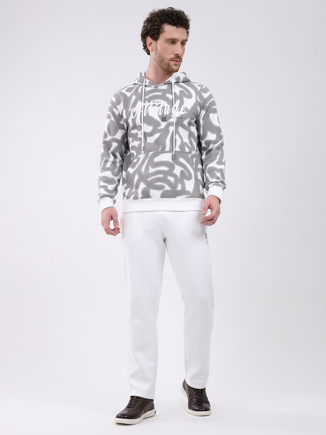 Rock.it Men White Printed Hooded Full Sleeve Winter Tracksuit