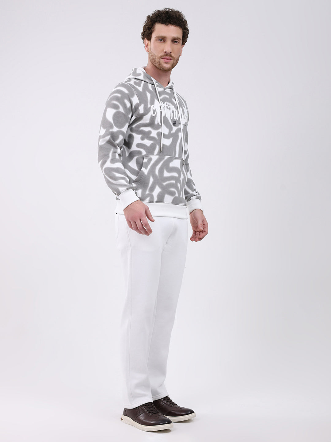 Rock.it Men White Printed Hooded Full Sleeve Winter Tracksuit