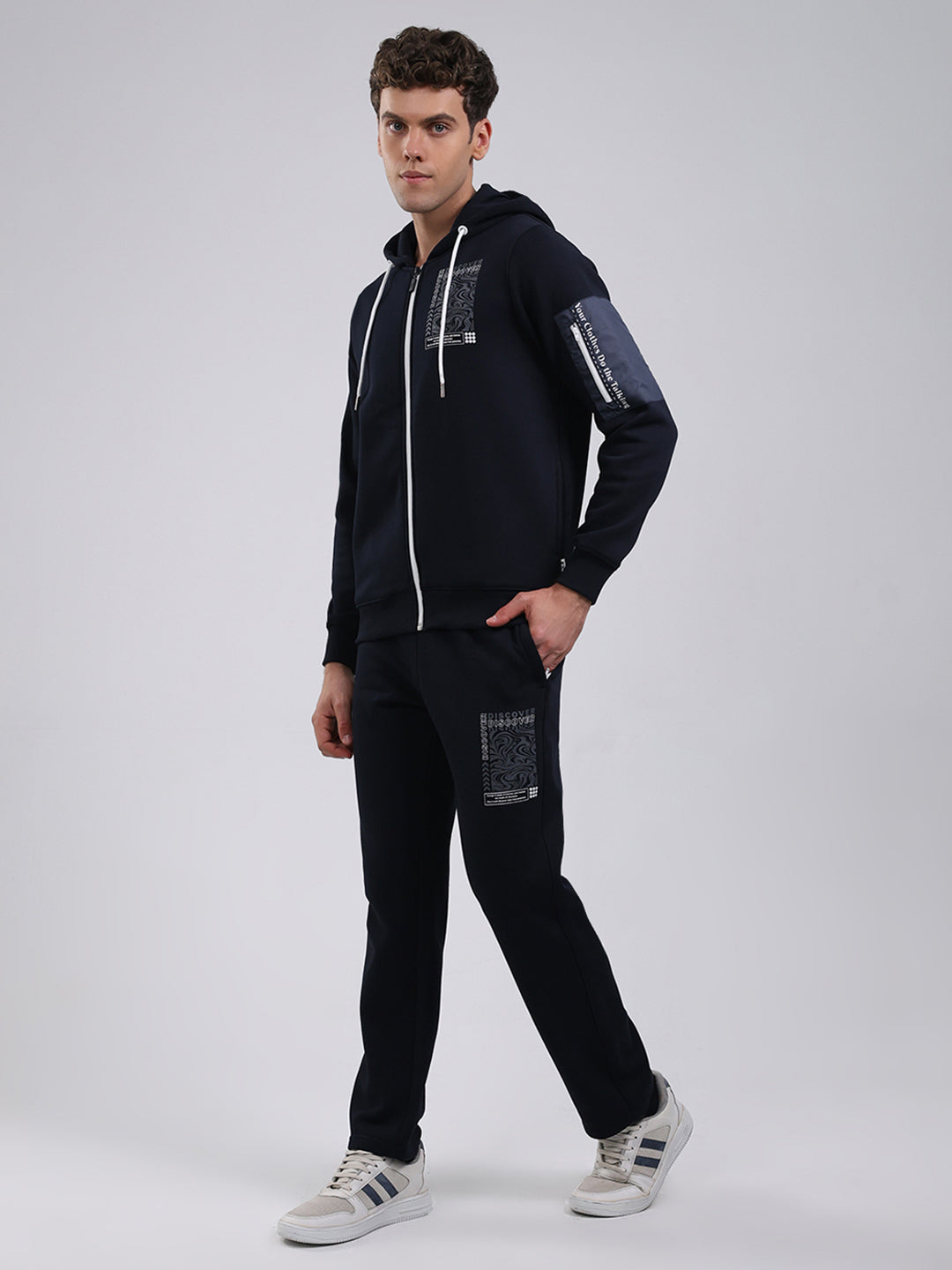 Rock.it Men Navy Blue Printed Round Neck Full Sleeve Winter Tracksuit