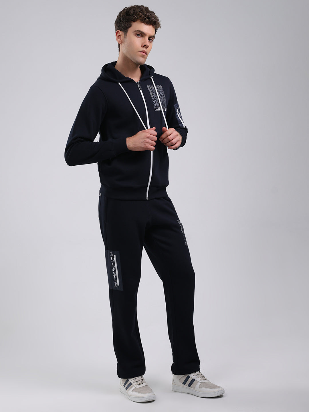 Rock.it Men Navy Blue Printed Round Neck Full Sleeve Winter Tracksuit