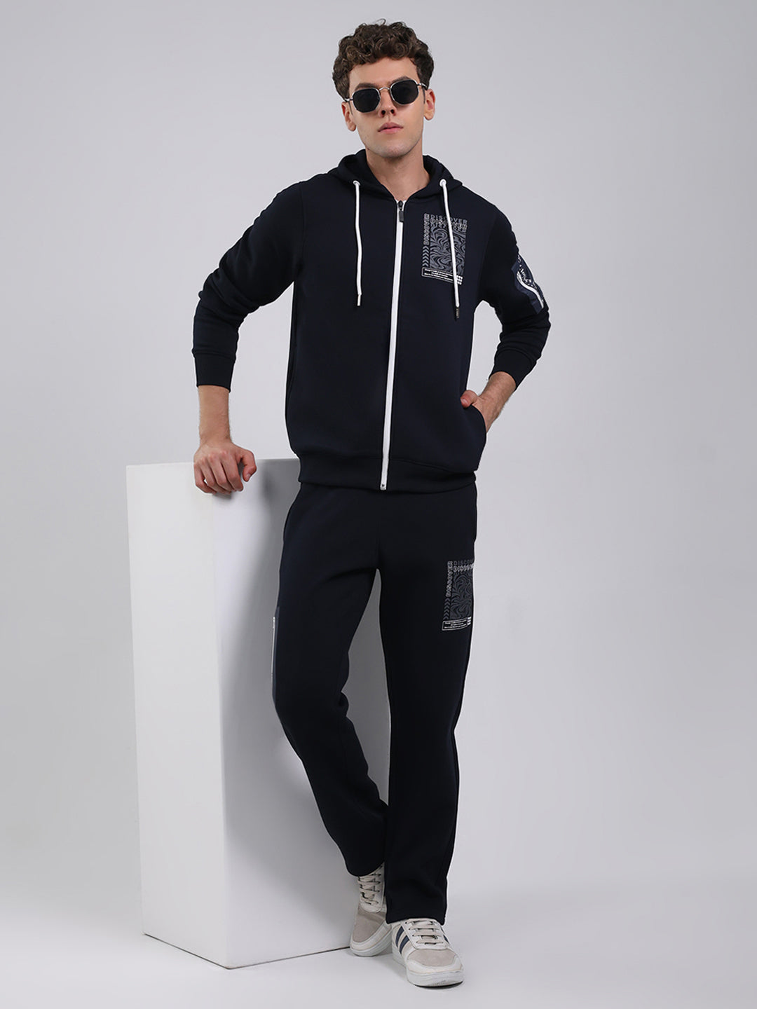 Rock.it Men Navy Blue Printed Round Neck Full Sleeve Winter Tracksuit