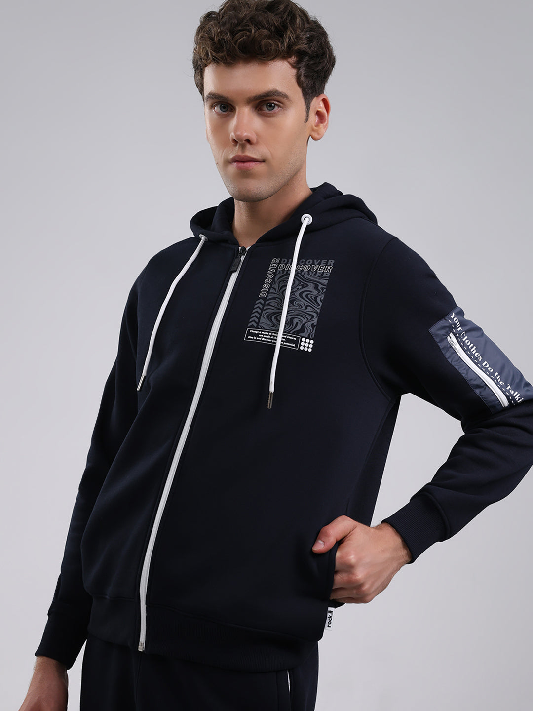 Rock.it Men Navy Blue Printed Round Neck Full Sleeve Winter Tracksuit