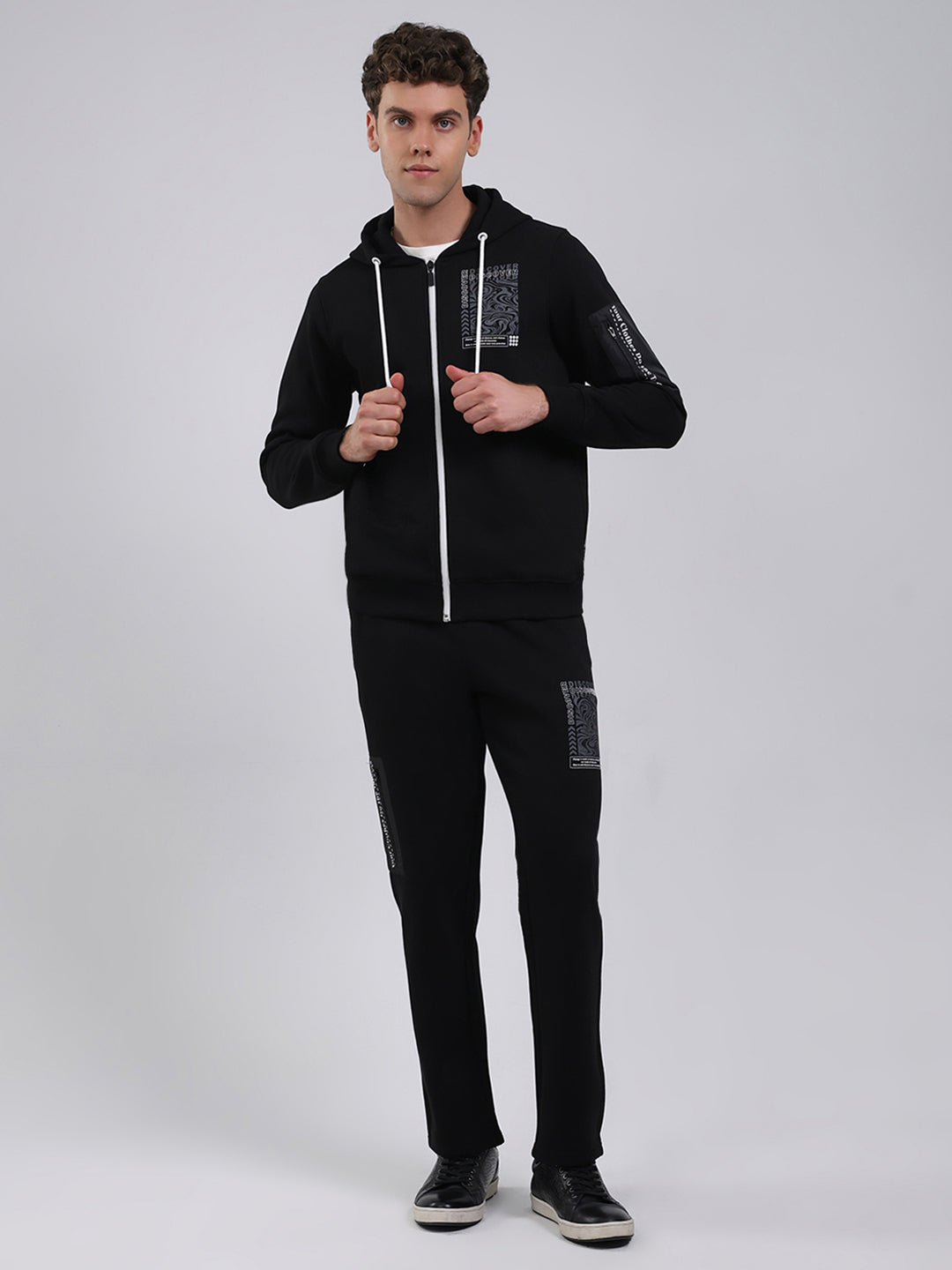 Rock.it Men Black Printed Round Neck Full Sleeve Winter Tracksuit