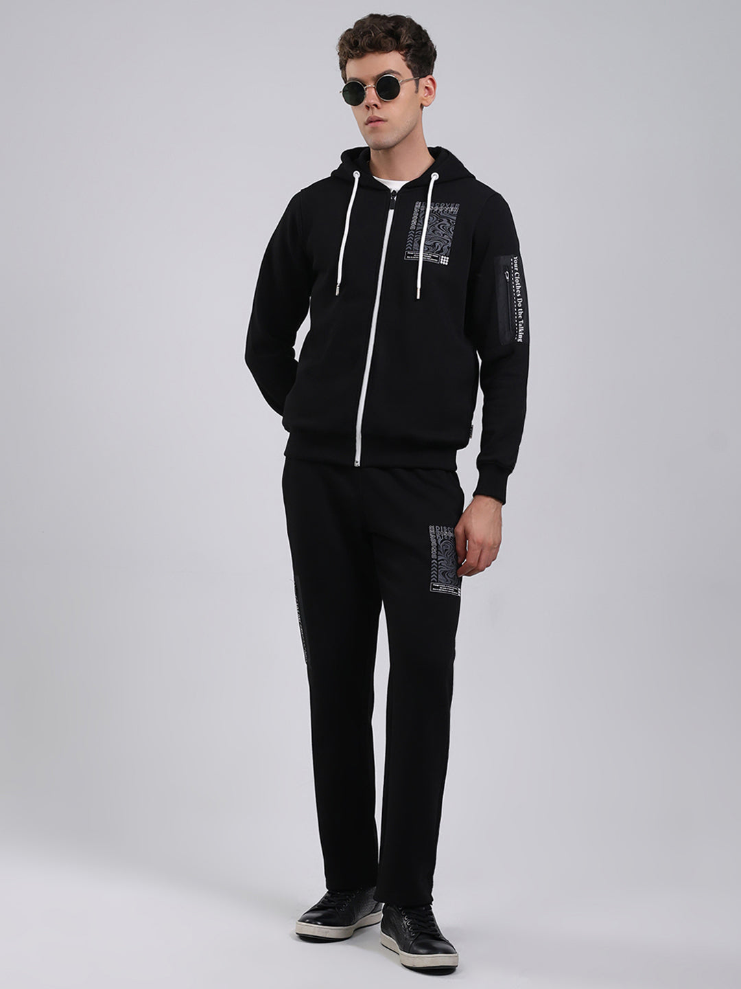 Rock.it Men Black Printed Round Neck Full Sleeve Winter Tracksuit