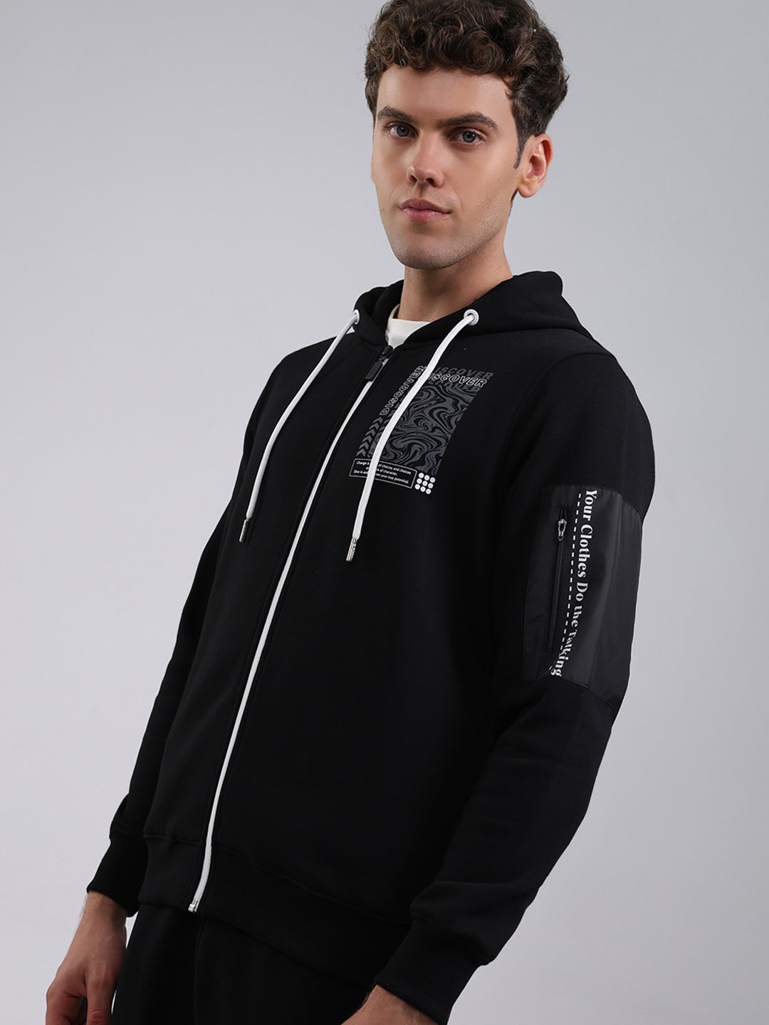 Rock.it Men Black Printed Round Neck Full Sleeve Winter Tracksuit