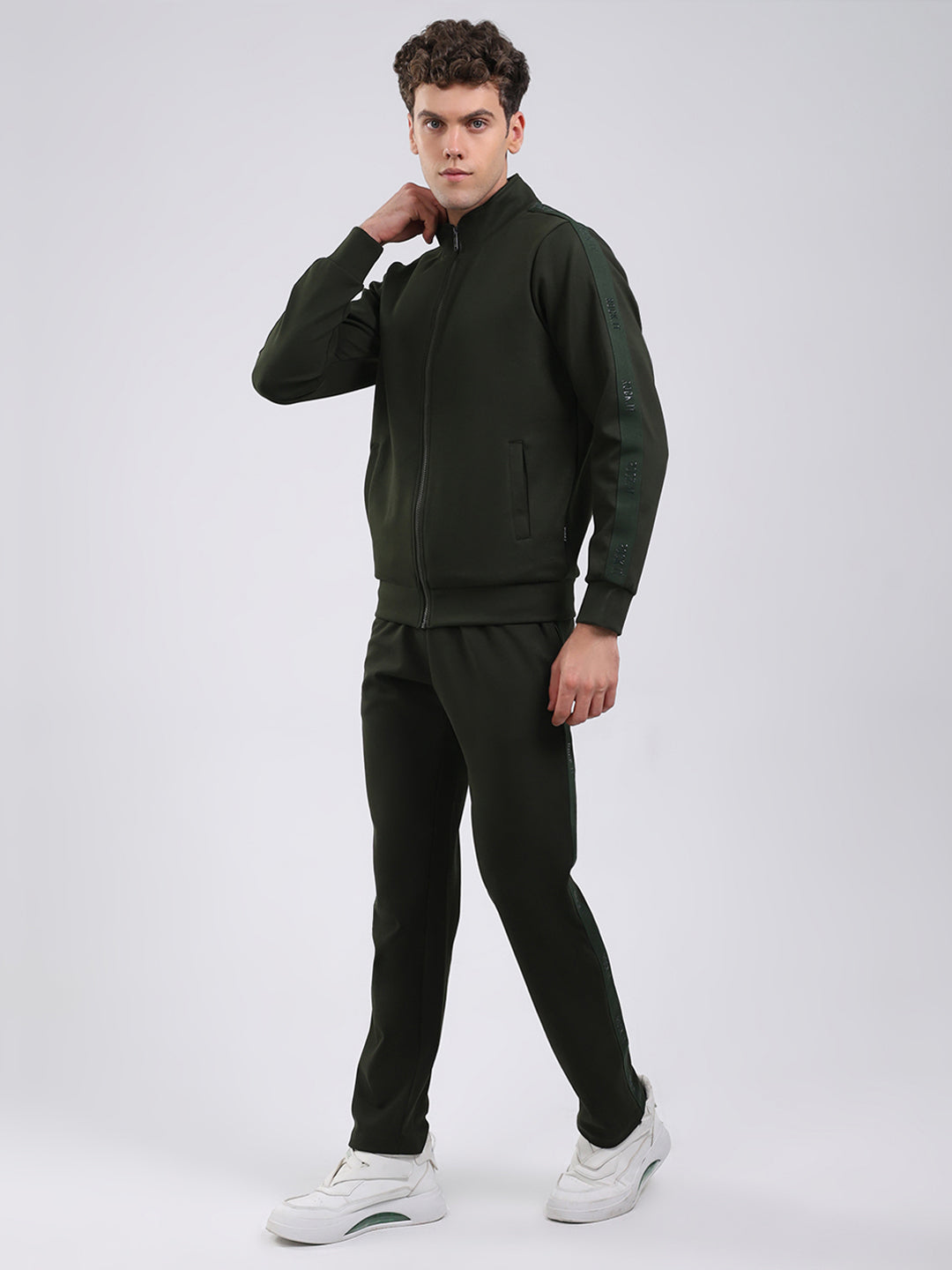 Rock.it Men Olive Solid Round Neck Full Sleeve Winter Tracksuit