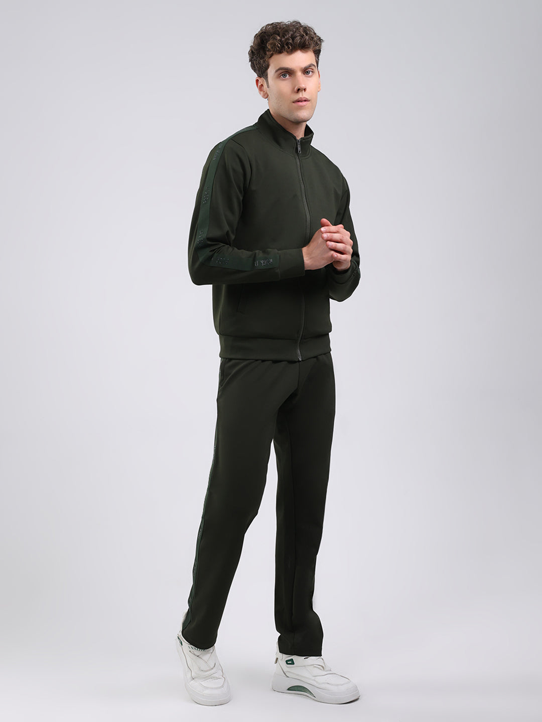 Rock.it Men Olive Solid Round Neck Full Sleeve Winter Tracksuit