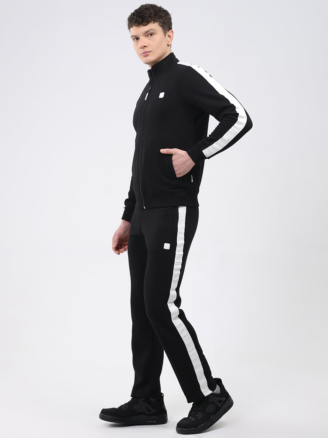 Rock.it Men Black Solid Round Neck Full Sleeve Winter Tracksuit