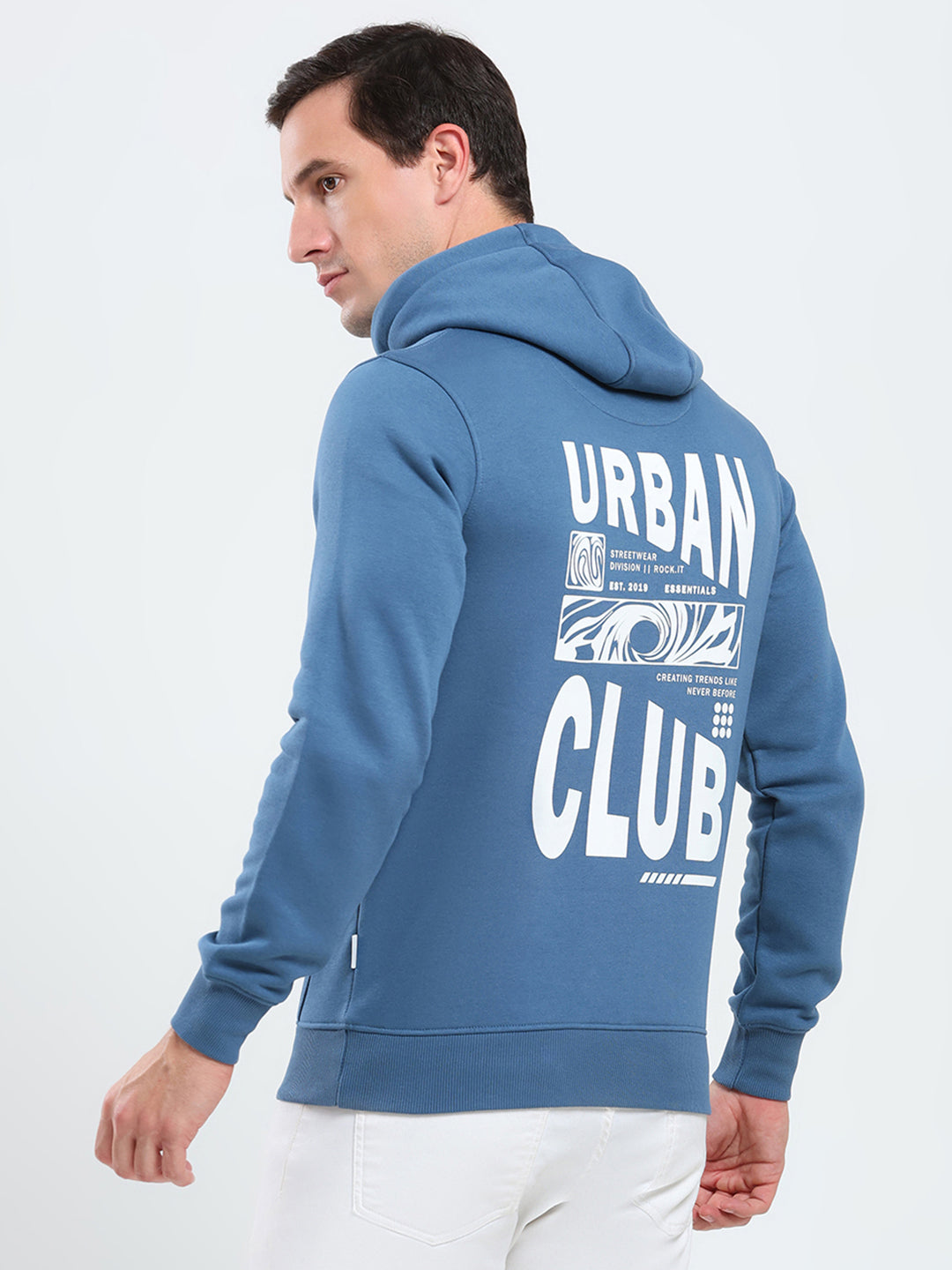 Rock.it Men Blue Printed Hooded Full Sleeve Sweatshirt