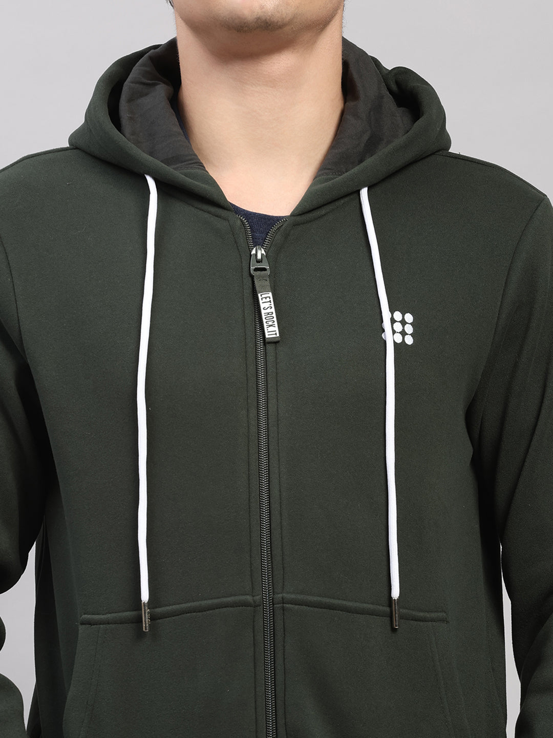 Rock.it Men Olive Solid Hooded Full Sleeve Sweatshirt