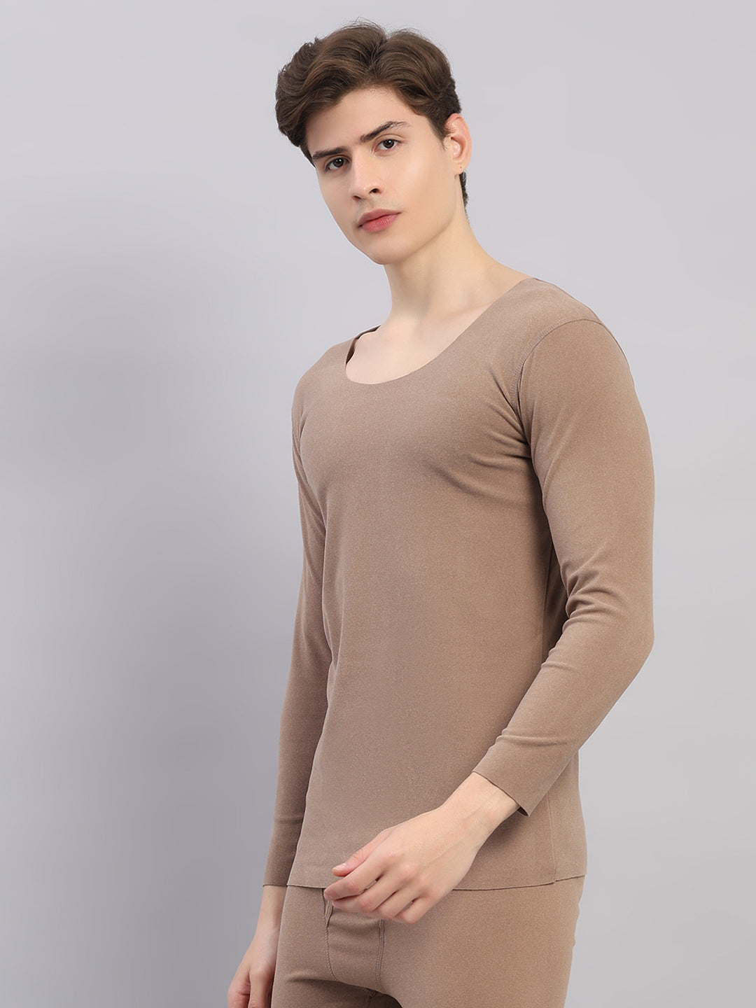 Rock.it Men Beige Solid Round Neck Full Sleeve Thermal Vest