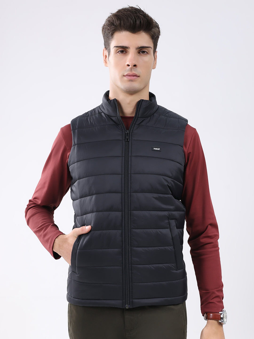 Rock.it Men Black Solid Collar Sleeveless Jacket
