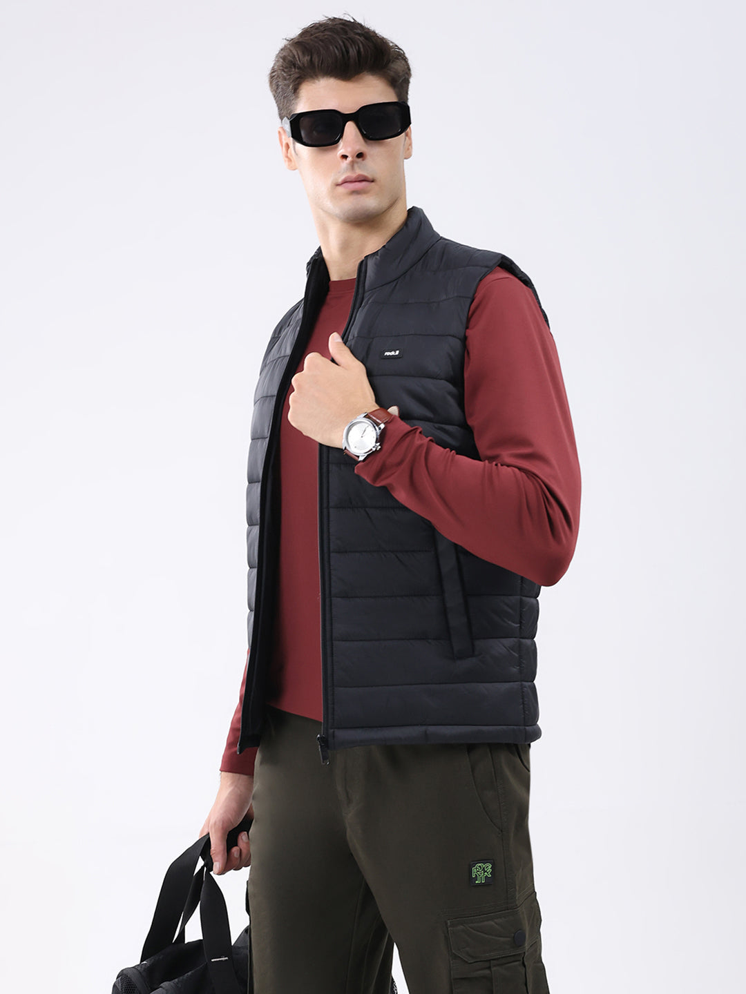 Rock.it Men Black Solid Collar Sleeveless Jacket
