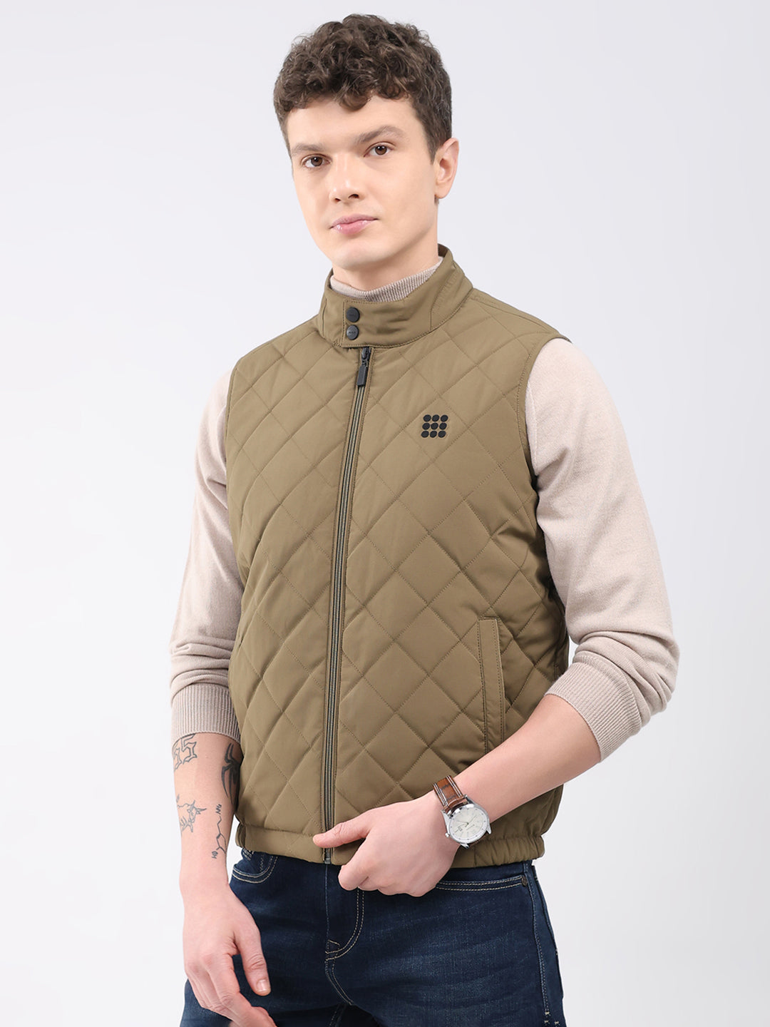 Rock.it Men Brown Solid Collar Sleeveless Jacket