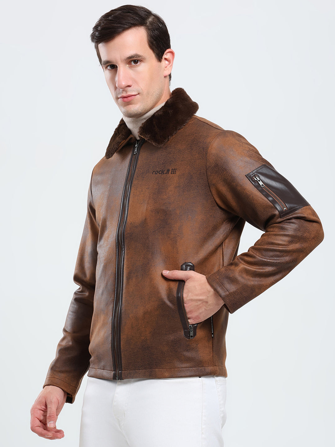 Rock.it Men Brown Solid Collar Full Sleeve Jacket