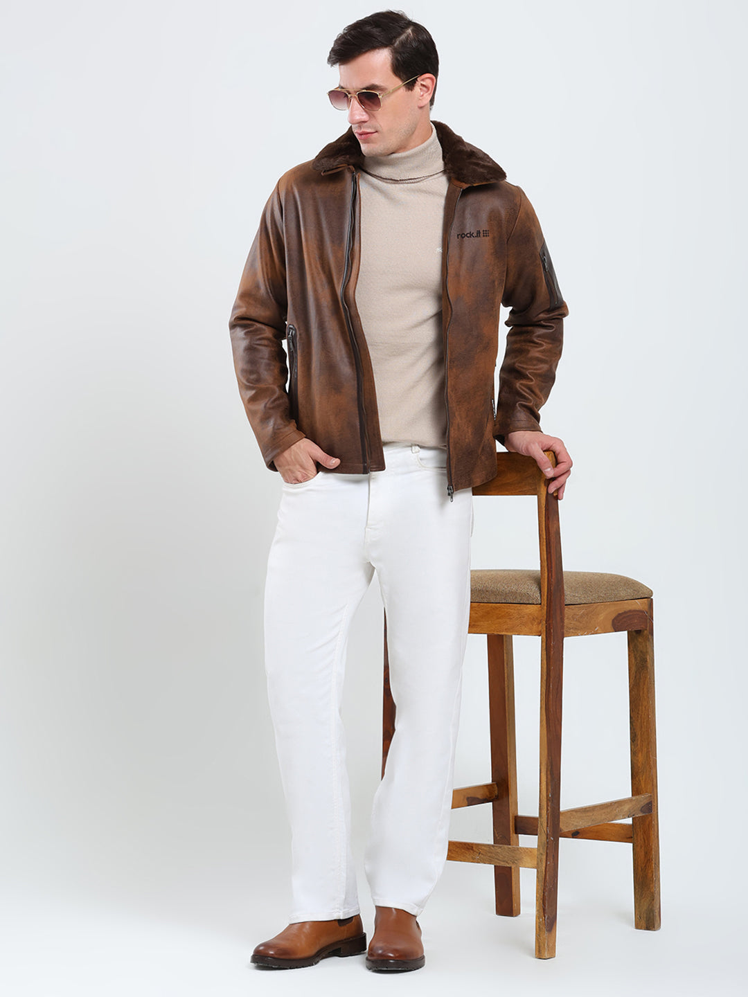 Rock.it Men Brown Solid Collar Full Sleeve Jacket
